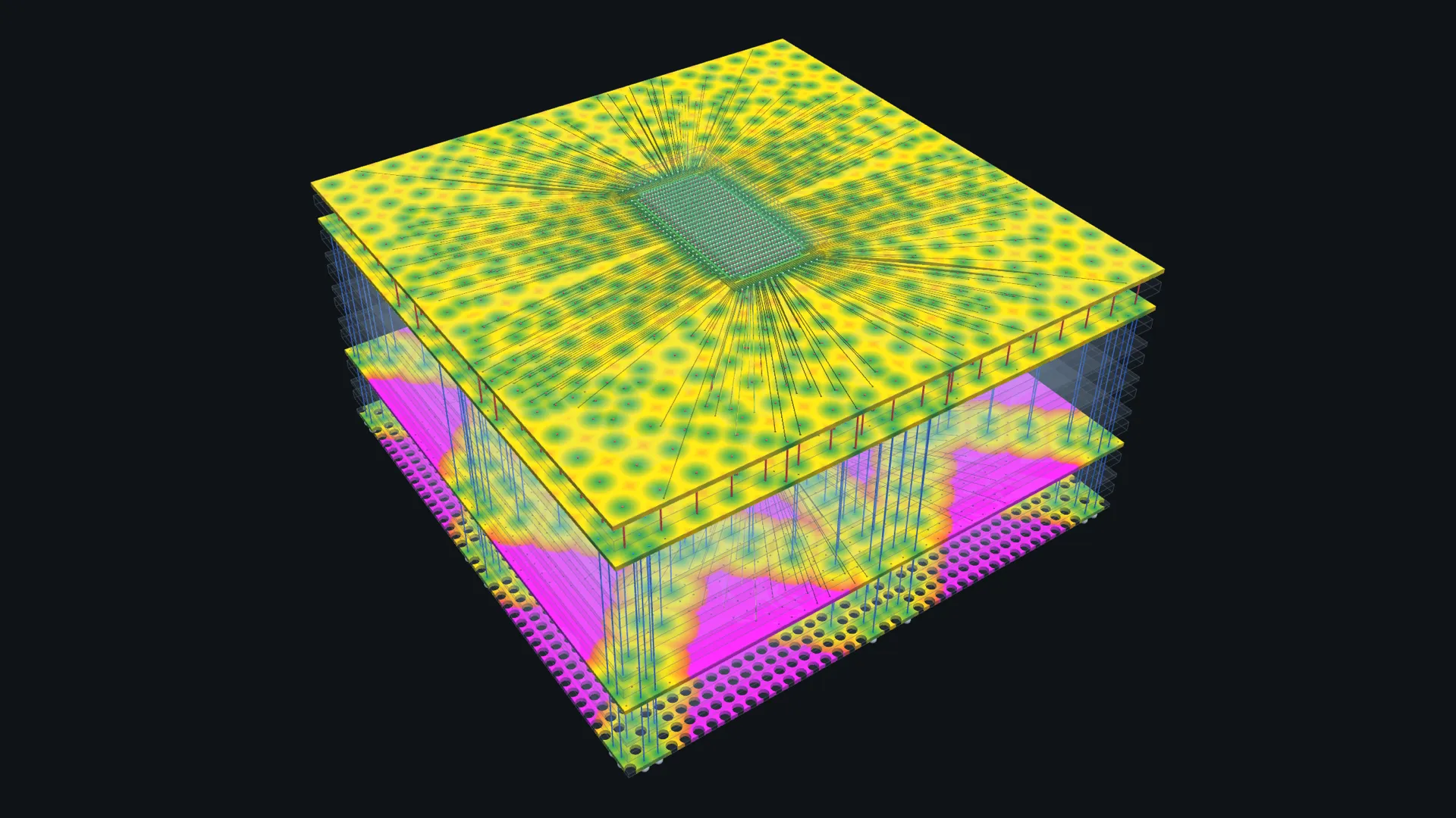 VSS copper on the E6 package in 3D: ground planes, the stitching vias between them, and the columns down to the balls